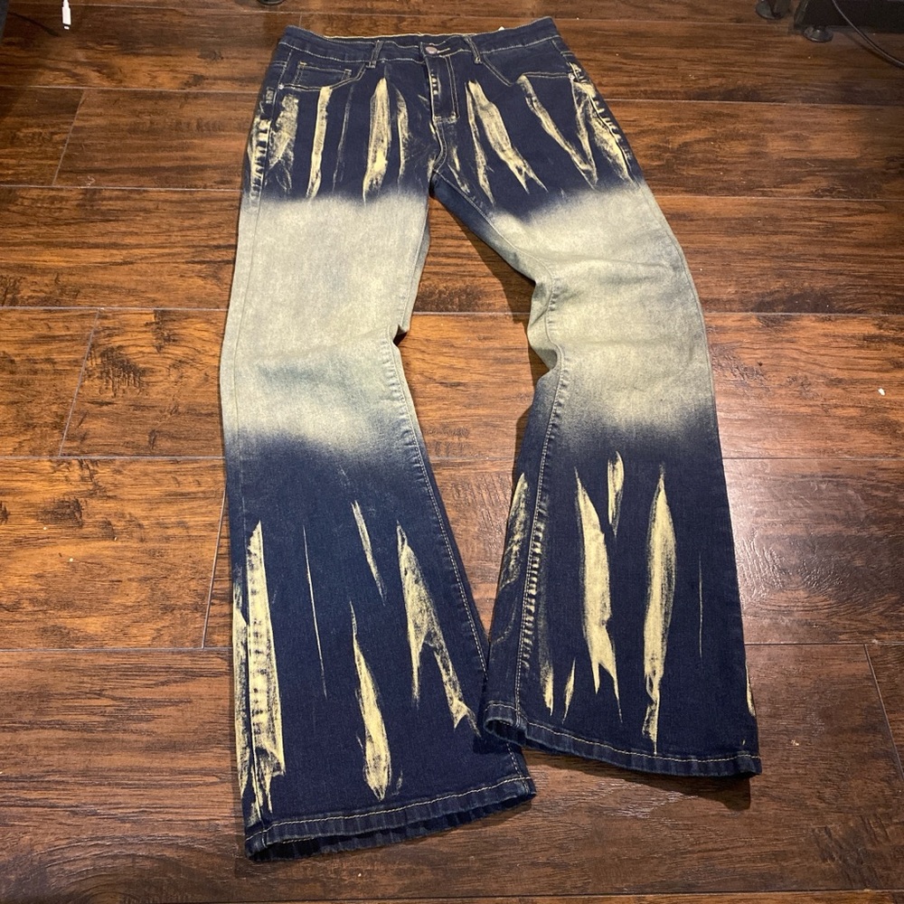 Men's Bootcut Jeans with Distressed Blue and Tan Design